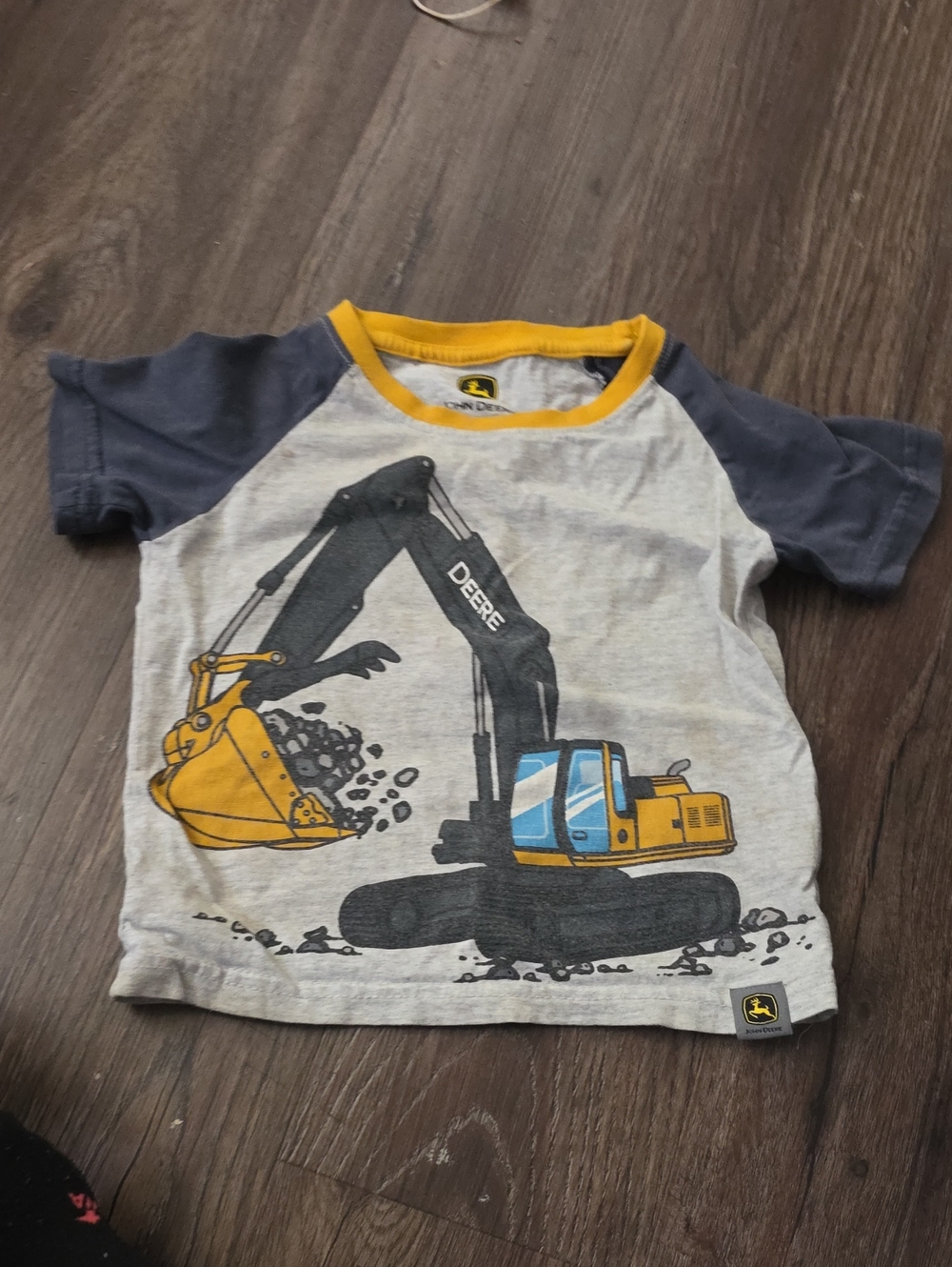 John Deere Gray Tee with Yellow Excavator Graphic and Navy Sleeves